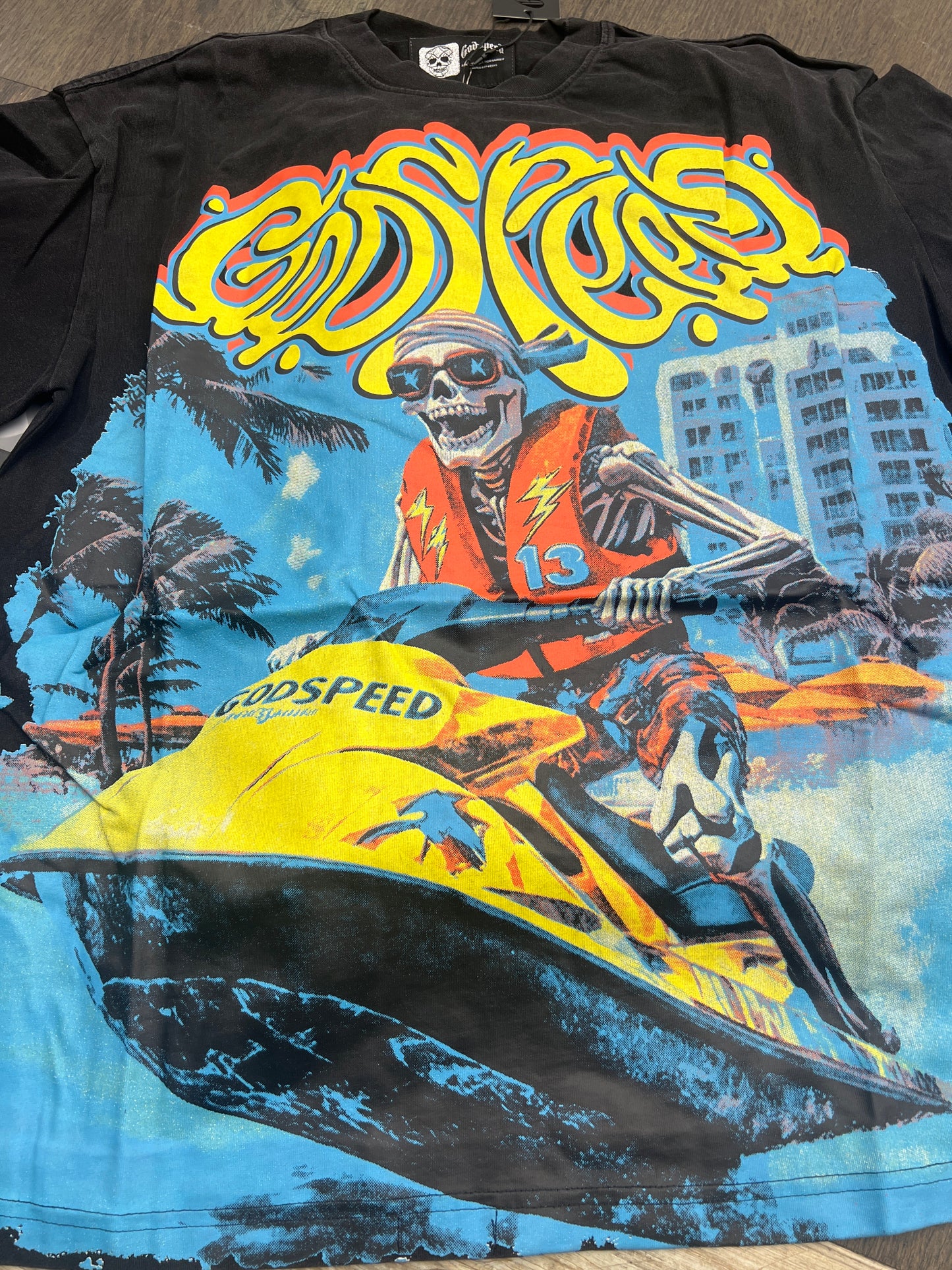 God speed black jet ski skeleton tee