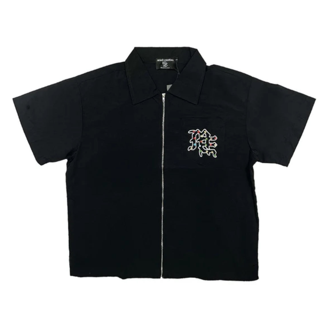Mixed emotion black zip up collar rhinestone tee