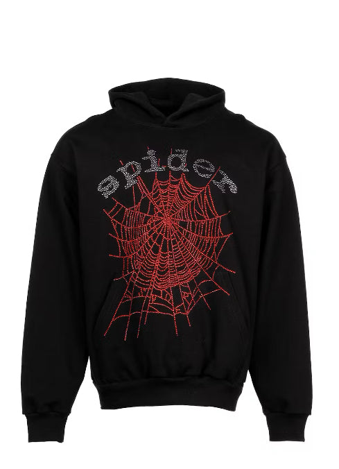 Sp5der Black Red Rhinestone Hoodie