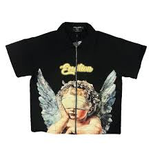 Mixed emotion black collar zip up angel tee
