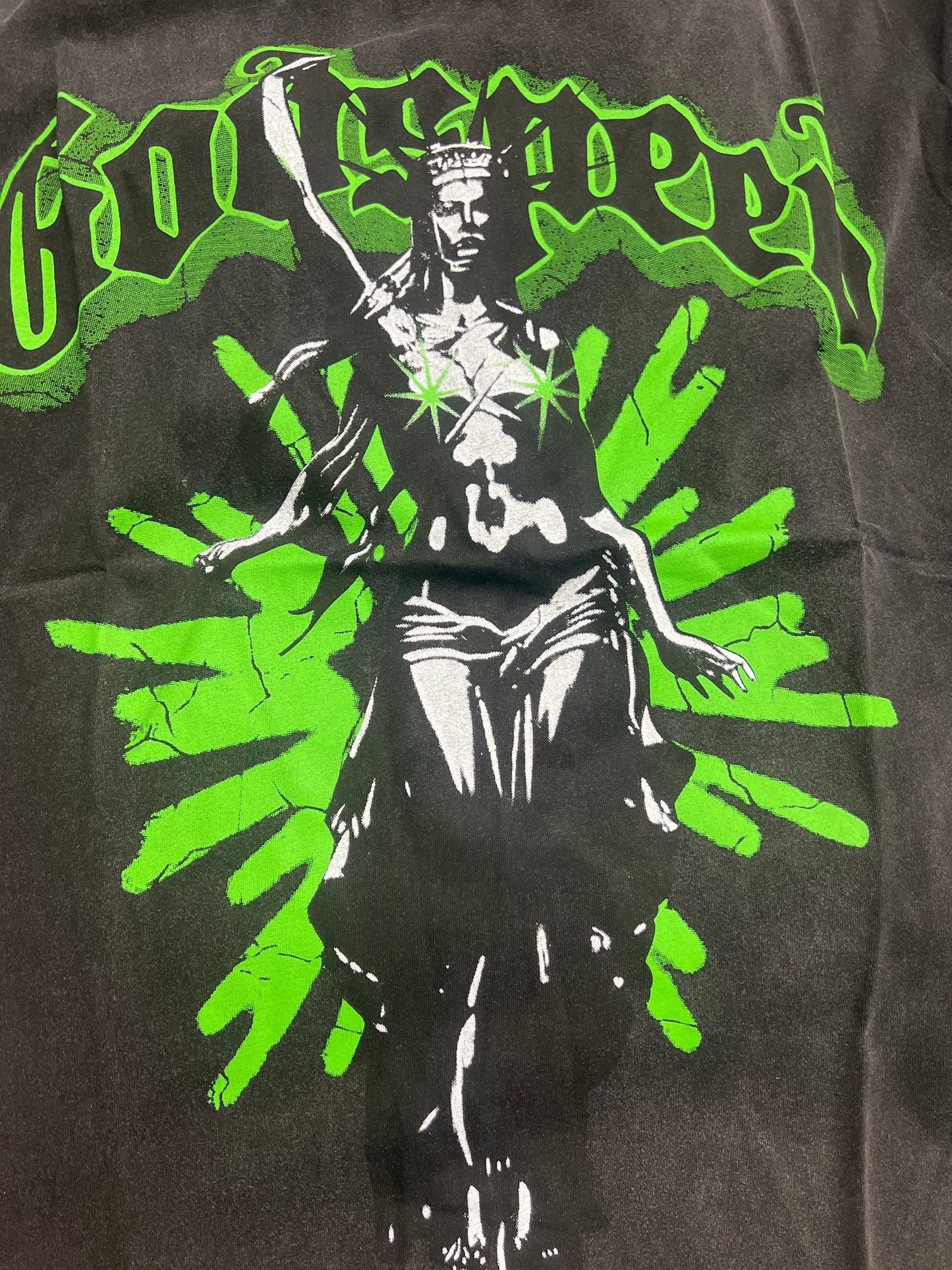 God speed black green statue lady