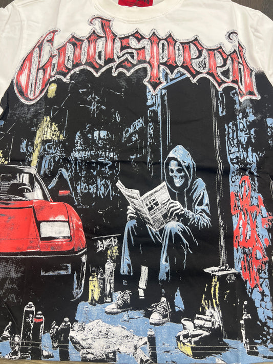 God speed white grim reaper newspaper tee
