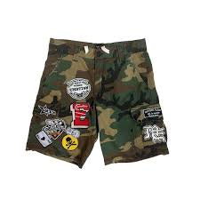 Mixed emotion camo cargo shorts