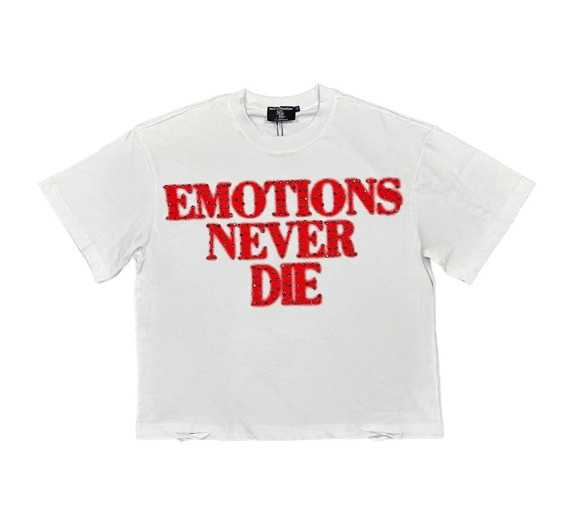 Mixed emotion never dies red white tee