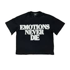 Mixed Emotion black rhinestone “emotion never dies” tee