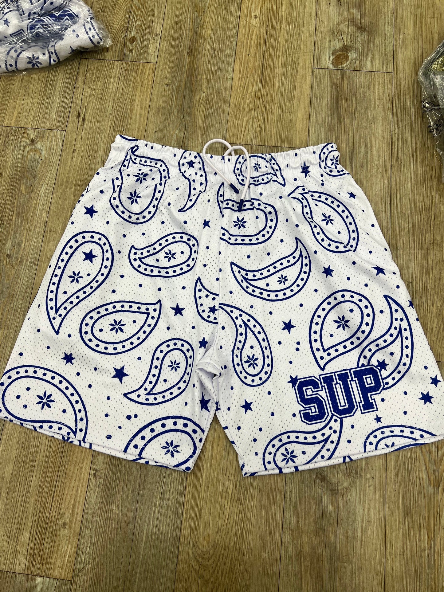 Sup white and blue bandanna shorts