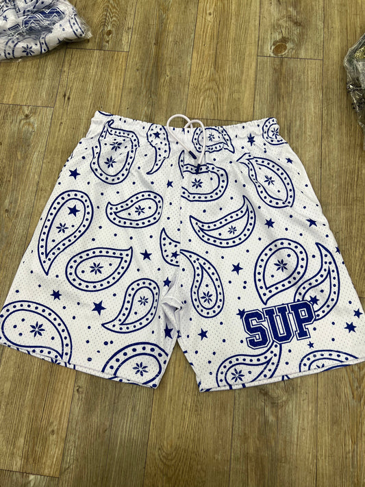 Sup white and blue bandanna shorts