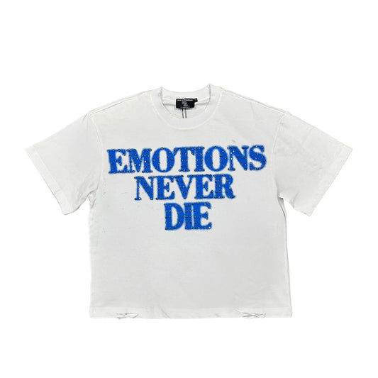Mixed emotion #6 never die white blue tee